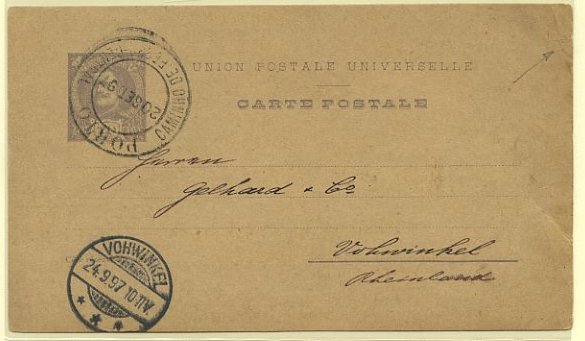 23Lis_0332.jpg -     Lote:    332            Portugal       Descrição:         1896 &mdash; D. Carlos I tipo Mouchon. OM24, 20 reis violeta cinzento, cartolina camurça, circulado do Porto (20.09.97) para a Alemanha (24.09.97). Carimbo a preto "PORTO / CAMINHO DE FERRO CENTRAL".        IC       Valor Base:     &euro; 6,00     Valor Venda:     Retirado     