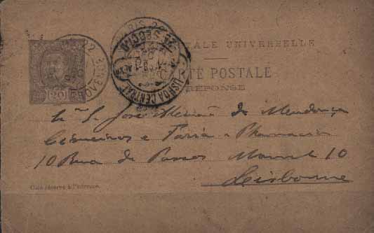 23Lis_0334.jpg -     Lote:    334            Portugal       Descrição:         1896 &mdash; D. Carlos I tipo Mouchon. OM27, 20+20 reis violeta-cinzento em cartolina camurça. 2.ª folha "RESPOSTA" circulada de Paris (31.12.97) para Lisboa (03.01.98). Pequenos defeitos no inteiro, porém muito raro.        IC       Valor Base:     &euro; 60,00     Valor Venda:     Retirado     