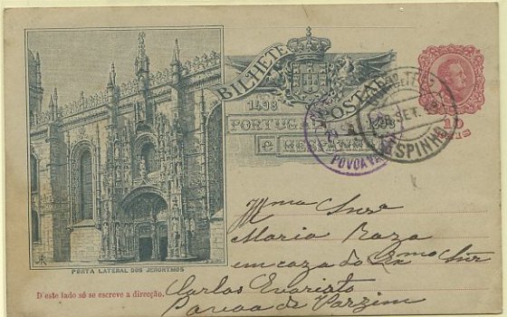 23Lis_0337.jpg -     Lote:    337            Portugal       Descrição:         Carimbos circulares datados. 1898 &mdash; 4.º Centenário do Descobrimento do Caminho Marítimo para a Índia. OM29C, 10 reis rosa carmim, circulado de Espinho (28.09.98) para Póvoa de Varzim (29.09.98). Carimbo de PÓVOA VARZIM batido a violeta.        IC       Valor Base:     &euro; 5,00     Valor Venda:     &euro; 40,00     