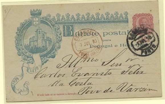 23Lis_0339.jpg -     Lote:    339            Portugal       Descrição:         Carimbos circulares datados. 1898 &mdash; 4.º Centenário do Descobrimento do Caminho Marítimo para a Índia. OM29H, 10 reis rosa carmim, circulado do Porto (07.07.98) para Póvoa de Varzim (07.07.98). Carimbo de PÓVOA VARZIM batido a vermelho.        IC       Valor Base:     &euro; 5,00     Valor Venda:     &euro; 34,00     