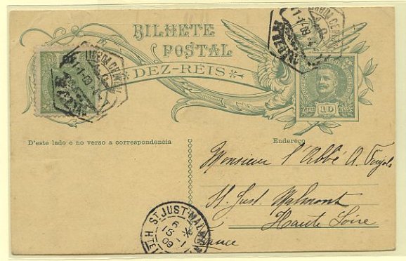 23Lis_0340.jpg -     Lote:    340            Portugal       Descrição:         1907/08 &mdash; D. Carlos I tipo Mouchon, com frente dividida ao meio. OM44, 10 reis verde sobre cartolina creme, circulado com selo adicional de 10 reis verde, tipo D. Carlos I Mouchon de Lisboa (11.01.09) para França (16.01.09).        IC       Valor Base:     &euro; 5,00     Valor Venda:     Retirado     