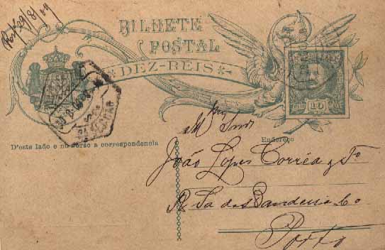 23Lis_0341.jpg -     Lote:    341            Portugal       Descrição:         1907/1908 &mdash; D. Carlos I tipo Mouchon. Legenda DEZ REIS. Frente dividida ao meio. OM44, 10 reis verde-azul escuro sobre cartolina creme, circulado de Leiria (29.08.1909) para o Porto (30.08.06). Repicado no verso por Leitão & C.ª .        IC       Valor Base:     &euro; 5,00     Valor Venda:     &euro; 5,00     