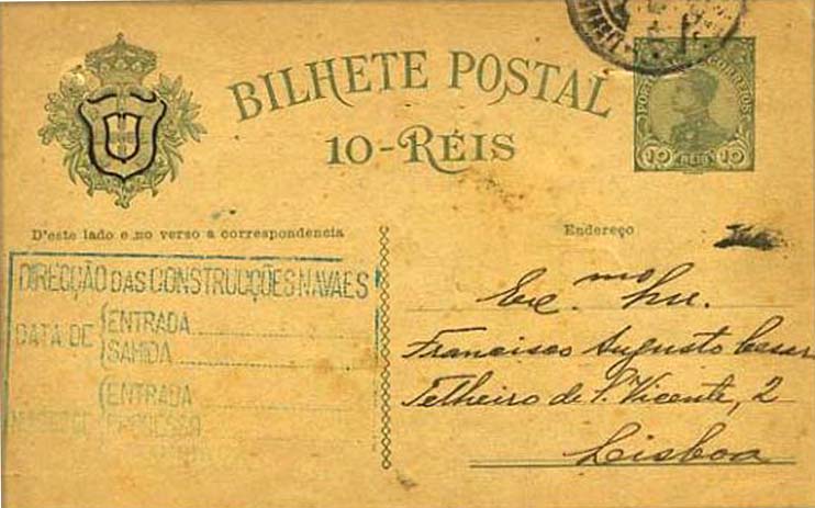 23Lis_0342.jpg -     Lote:    342            Portugal       Descrição:         1910 &mdash; D. Manuel II. OM52, 10 reis verde escuro sobre cartolina camurça, circulado em Lisboa (12.07.10). Marca batida a violeta do "ARSENAL DA MARINHA / DIRECÇÃO DAS CONSTRUÇÕES NAVAES". Furos de espigão.        IC       Valor Base:     &euro; 5,00     Valor Venda:     Retirado     