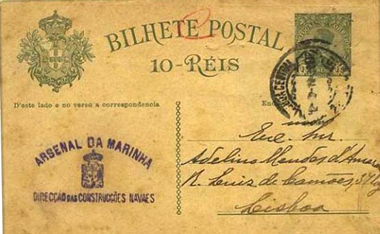 23Lis_0343.jpg -     Lote:    343            Portugal       Descrição:         1910 &mdash; D. Manuel II. OM52, 10 reis verde escuro sobre cartolina camurça, circulado em Lisboa (12.07.10). Marca batida a violeta do "ARSENAL DA MARINHA / DIRECÇÃO DAS CONSTRUÇÕES NAVAES".        IC       Valor Base:     &euro; 10,00     Valor Venda:     &euro; 22,00     