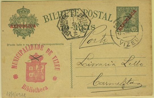 23Lis_0344.jpg -     Lote:    344            Portugal       Descrição:         1910 &mdash; D. Manuel II com sobrecarga REPUBLICA. OM52, 10 reis verde s/ cartolina creme, circulado de Viseu (18.01.12) para o Porto (19.01.12). Carimbo da Biblioteca da Municipalidade de Vizeu com Coroa Real anulada com dois traços.        IC       Valor Base:     &euro; 50,00     Valor Venda:     Retirado     