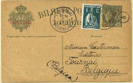 23Lis_0346.jpg -     Lote:    346            Portugal       Descrição:         1910 &mdash; D. Manuel II com sobrecarga República. OM52, 10 reis verde sobre cartolina camurça, circulado com selo adicional de 1C verde, tipo Ceres de Esatrreja (30.08.1912) para a Bélgica (02.09.12).        IC       Valor Base:     &euro; 10,00     Valor Venda:     Retirado     