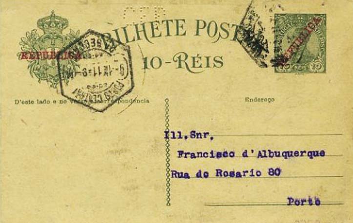 23Lis_0347.jpg -     Lote:    347            Portugal       Descrição:         1910 &mdash; D. Manuel II, com sobrecarga REPUBLICA. OM52, 10 reis verde sobre cartolina creme, circulado de Lisboa (08.11.11) para o Porto (09.11.11). Perfurado com "C F P &mdash; Credit Franco-Portugais". MB.        IC       Valor Base:     &euro; 30,00     Valor Venda:     Retirado     