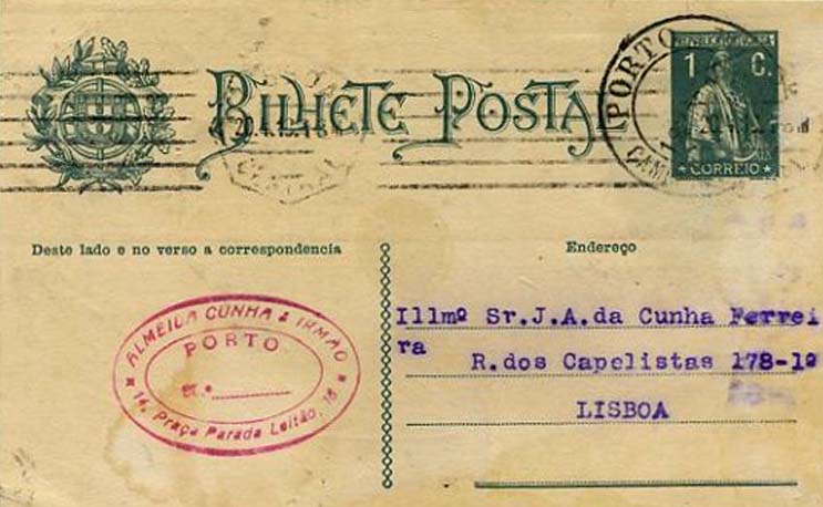 23Lis_0349.jpg -     Lote:    349            Portugal       Descrição:         1912 &mdash; Ceres, com Escudo nacional à esquerda. OM59, 1C verde escuro sobre cartolina branca, circulado do Porto (19.04.1913) para Lisboa (20.04.13). Carimbo batido a preto "PORTO / CAMINHO DE FERRO-CENTRAL".        IC       Valor Base:     &euro; 5,00     Valor Venda:     Retirado     