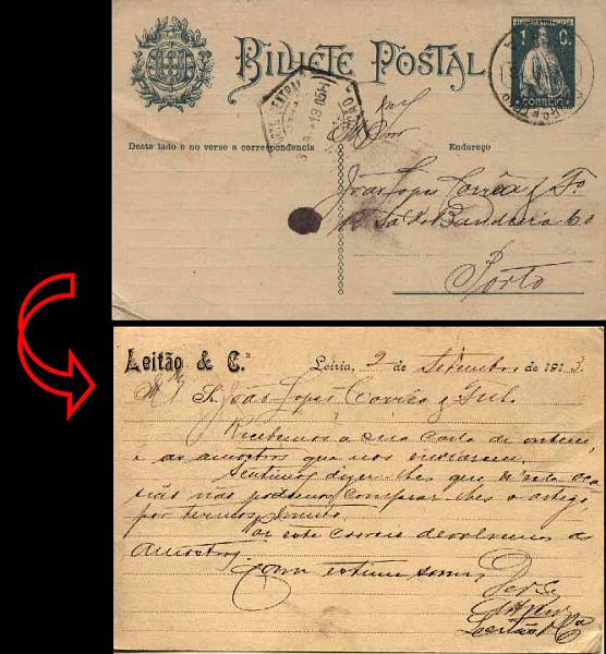23Lis_0350.jpg -     Lote:    350            Portugal       Descrição:         1912 &mdash; Ceres. OM59. 1c verde escuro, sobre cartolina creme, circulado de Leiria (02.09.1913) para o Porto (03.09.1913). Repicado no verso por LEITÃO & C.ª.        IC       Valor Base:     &euro; 5,00     Valor Venda:     Retirado     
