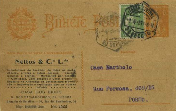 23Lis_0353.jpg -     Lote:    353            Portugal       Descrição:         1918/20 &mdash; Ceres. OM61, 2C ocre sobre cartolina camurça, circulado de Lisboa (01.06.21) para o Porto (02.06.21), com selo adicional de 4C verde tipo Ceres CE226. Inteiro repicado por NETTOS & C.ª L.da. MB.        IC       Valor Base:     &euro; 10,00     Valor Venda:     &euro; 10,00     
