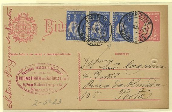 23Lis_0355.jpg -     Lote:    355            Portugal       Descrição:         192&frac12;2 &mdash; Ceres. OM66, 6C rosa sobre cartolina creme, circulado com 3 selos adicionais de 3C azul CE235 com denteado deslocado lateralmente, de Guimarães (02.05.23) para o Porto. Furo de espigão. MB e R.        IC       Valor Base:     &euro; 20,00     Valor Venda:     Retirado     