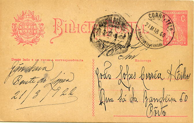 23Lis_0356.jpg -     Lote:    356            Portugal       Descrição:         192&frac12;2 &mdash; Tipo Ceres. Aumento de porte. Tipo de 1918. OM68, 6c rosa circulado de S. Martinho da Gandra (21 MAR 00 &mdash; erro de datador) para o Porto. Inteiro obliterado com a rara marca de "S. MARTINHO DA GANDRA".        IC       Valor Base:     &euro; 10,00     Valor Venda:     &euro; 10,00     