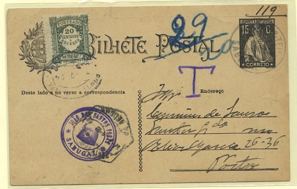23Lis_0358.jpg -     Lote:    358            Portugal       Descrição:         1923 &mdash; Ceres. OM73a, 15C preto sobre cartolina creme escura, circulado de Sabugal ( 15.07.24) para o Porto (17.07.24). Porteado por insuficiência de franquia (10C) com selo de 20C CE POR34. B e R.        IC       Valor Base:     &euro; 15,00     Valor Venda:     &euro; 30,00     