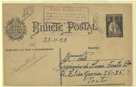 23Lis_0359.jpg -     Lote:    359            Portugal       Descrição:         1923 &mdash; Ceres. OM73a, 15C preto sobre cartolina creme escura, circulado de Chaves 24.11.23) para o Porto. Grande deslocação no corte horizontal. B e R.        IC       Valor Base:     &euro; 15,00     Valor Venda:     &euro; 16,00     