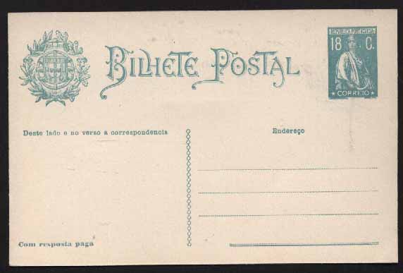 23Lis_0360.jpg -     Lote:    360            Portugal       Descrição:         192&frac12;2 &mdash; Ceres. Aumento de porte. OM70, 18+18 ctvs azul-verde, cartolina branca. MB e R.        IN       Valor Base:     &euro; 20,00     Valor Venda:     Retirado     