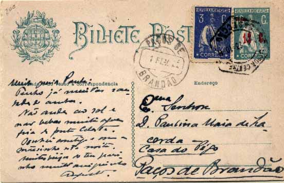 23Lis_0362.jpg -     Lote:    362            Portugal       Descrição:         1922 &mdash; Ceres. Aumento de porte. OM71, 12 ctvs s/ 18 ctvs azul-verde, cartolina branca, circulado com adicional Ceres de 3 ctvs azul CE235, de Lisboa (31.01.23) para Paços de Brandão (01.02.23). MB e R.        IC       Valor Base:     &euro; 40,00     Valor Venda:     Retirado     