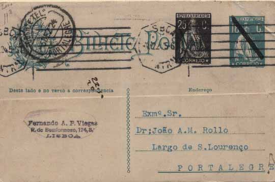 23Lis_0364.jpg -     Lote:    364            Portugal       Descrição:         1924 &mdash; Ceres, com novos selos aplicados como sobretaxa e sobrecarga. OM76, 25 ctvs preto s/ 18 ctvs azul verde (novo selo ao lado do primitivo), circulado de Lisboa (04.12.24) para Portalegre (05.12.24). MB.        IC       Valor Base:     &euro; 20,00     Valor Venda:     Retirado     