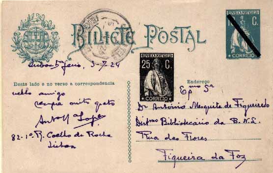 23Lis_0365.jpg -     Lote:    365            Portugal       Descrição:         1924 &mdash; Ceres, com novos selos aplicados como sobretaxa e sobrecarga. OM76a, 25 ctvs preto s/ 18 ctvs azul verde (novo selo por baixo de "postal"), circulado de Lisboa (03.07.24) para Figueira da Foz (05.07.24). MB.        IC       Valor Base:     &euro; 20,00     Valor Venda:     Retirado     