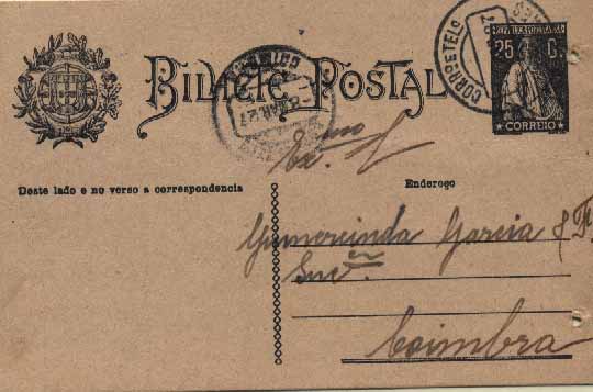 23Lis_0367.jpg -     Lote:    367            Portugal       Descrição:         1924/26 &mdash; Ceres. OM74b (Endereço), 25c preto sobre cartolina camurça, circulado de Guimarães (07.03.27) para Coimbra, repicado no verso por Bento dos Santos Costa & Cia, Limitada. Furos de espigão.        IC       Valor Base:     &euro; 5,00     Valor Venda:     Retirado     
