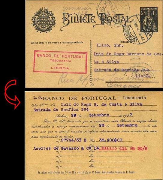 23Lis_0368.jpg -     Lote:    368            Portugal       Descrição:         1924/26 &mdash; Ceres. OM74a (Enderêço), 25C preto sobre cartolina camurça, circulado em Lisboa (29.09.27) e reendereçado para Cascais. Repicado no verso pelo BANCO DE PORTUGAL &mdash; TESOURARIA.        IC       Valor Base:     &euro; 10,00     Valor Venda:     Retirado     