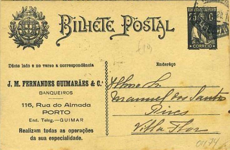 23Lis_0369.jpg -     Lote:    369            Portugal       Descrição:         1924/26 &mdash; Ceres. OM74. 25 C preto sobre cartolina creme. Lote de dois inteiros, um circulado de Pombal (carimbo tipo francês * 24.01.28), para Leiria, e outro circulado do Porto (30.11.28) para Vila Flor, repicado por "J. M. FERNENDES GUIMARÃES & C.ª".        IC       Valor Base:     &euro; 7,00     Valor Venda:     Retirado     