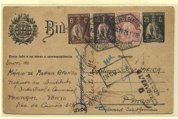 23Lis_0370.jpg -     Lote:    370            Portugal       Descrição:         1924/26 &mdash; Ceres. OM74b (endereço), 25C preto sobre cartolina camurça, circulado com selos adicionais tipo Ceres de 6C, 40C e 25C, CE277, 283 e 255, do Porto (30.11.26) para Paris e devolvido ao remetente.        IC       Valor Base:     &euro; 10,00     Valor Venda:     &euro; 22,00     