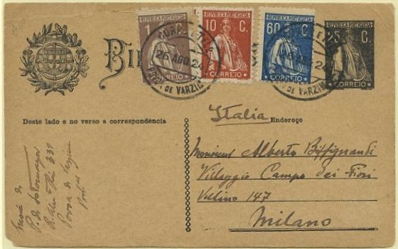 23Lis_0371.jpg -     Lote:    371            Portugal       Descrição:         1924/26 &mdash; Ceres. OM74b (endereço), 25C preto sobre cartolina camurça, circulado com selos adicionais tipo Ceres de 1C, 10C e 60C, CE221, 215 e 245, da Póvoa de Varzim (26.08.24) para Milão. Pequeno defeito no canto inferior esquerdo.        IC       Valor Base:     &euro; 10,00     Valor Venda:     &euro; 22,00     