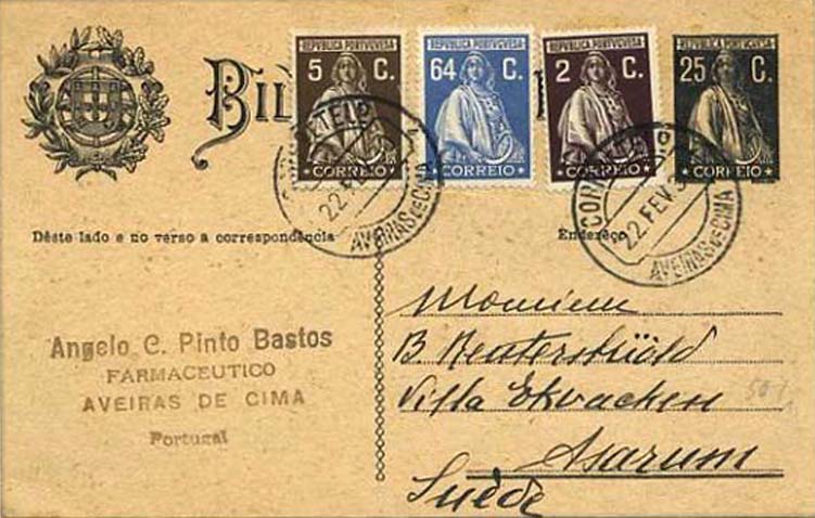 23Lis_0373.jpg -     Lote:    373            Portugal       Descrição:         1924/26 &mdash; Ceres. OM74a (Enderêço), 25C preto sobre cartolina camurça circulado de Aveiras de Cima (22.02.30) para a Suécia, com selos adicionais tipo Ceres emissão de Londres de 2C, 5C e 64C. MB.        IC       Valor Base:     &euro; 20,00     Valor Venda:     &euro; 20,00     