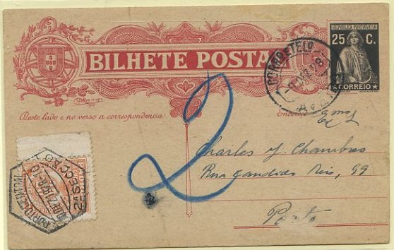23Lis_0375.jpg -     Lote:    375            Portugal       Descrição:         1928 &mdash; Ceres (tipo João Alves). OM78a, 25C preto, composição rosa, circulado de Aveiro (09.12.28) para o Porto (10.12.28). Porteado com selo de 20C do imposto postal porteado "Padrões da Grande Guerra", pela falta do selo do respectivo imposto, obrigatório entre 9 e 15 de Dezembro de 1928 (3.º período). MB e MR.        IC       Valor Base:     &euro; 50,00     Valor Venda:     &euro; 90,00     