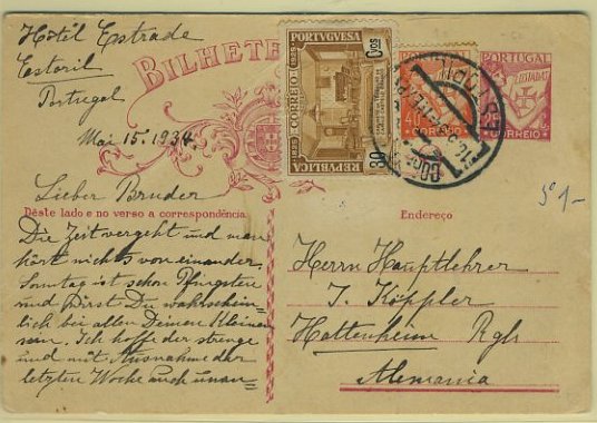23Lis_0377.jpg -     Lote:    377            Portugal       Descrição:         1931 &mdash; Lusíadas. OM80, 25 reis carmim sobre cartolina branca, circulado do Estoril 16.05.34) para a Alemanha, com selos adicionais de 40c Lusíadas e selos de 30c Centenário de Camilo Castelo Branco, utilizado como selo de recurso. MB.        IC       Valor Base:     &euro; 40,00     Valor Venda:     Retirado     