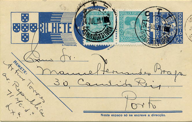 23Lis_0378.jpg -     Lote:    378            Portugal       Descrição:         1936/39 &mdash; Tudo pela Nação. OM83, $25 azul-cinzento claro. Inteiro circulado de Lisboa * Restauradores (24.07.39) para o Porto, com dois selos adicionais de 10c Infante D. Henrique CE568 para pagamento da TAXA DA ÚLTIMA HORA. MB e MR.        IC       Valor Base:     &euro; 20,00     Valor Venda:     Retirado     