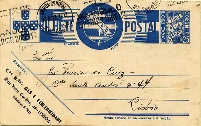 23Lis_0380.jpg -     Lote:    380            Portugal       Descrição:         1936/39 &mdash; Tudo pela Nação. OM83, $25 azul cinzento claro, circulado em Lisboa (13.06.31). Repicado por "COMPANHIAS REUNIDAS GÁS E ELECTRCIDADE".        IC       Valor Base:     &euro; 10,00     Valor Venda:     Retirado     