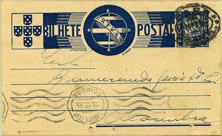 23Lis_0381.jpg -     Lote:    381            Portugal       Descrição:         1935 &mdash; Tudo pela Nação. CE81, $25 azul escuro sobre cartolina branca circulado pela ambulância Fafe/Braga (17.12.36) para Coimbra. Repicado no verso por Bento dos Santos Costa & C.ª, Lim.ª. Furos de espigão.        IC       Valor Base:     &euro; 5,00     Valor Venda:     &euro; 5,00     