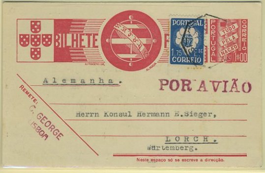 23Lis_0382.jpg -     Lote:    382            Portugal       Descrição:         1936/39 &mdash; Tudo pela Nação. OM84, 1$00 vermelho carmim sobre cartolina branca, circulado por via aérea de Lisboa (04.04.40) para a Alemanha, com selo adicional de 1$75 CE582. MB e R.        IC       Valor Base:     &euro; 20,00     Valor Venda:     &euro; 20,00     