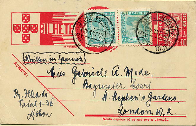 23Lis_0383.jpg -     Lote:    383            Portugal       Descrição:         1936/39 &mdash; Tudo pela Nação. OM84, 1$00 vermelho carmim. Inteiro circulado de Lisboa * Avenida Gare (20.01.40) para Londres, com dois selos adicionais de 10c Infante D. Henrique CE568 para pagamento da TAXA DA ÚLTIMA HORA. MB e MR.        IC       Valor Base:     &euro; 20,00     Valor Venda:     &euro; 20,00     