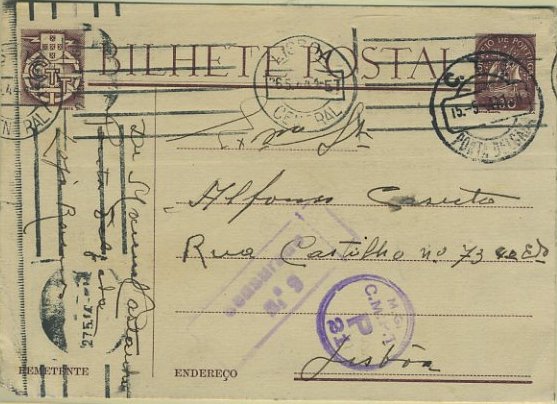 23Lis_0386.jpg -     Lote:    386            Portugal       Descrição:         1943 &mdash; Tipo Caravela. OM98, $30 castanho escuro, circulado de Ponta Delgada (15.05.44) para Lisboa. Dois carimbos de censura batidos a violeta.        IC       Valor Base:     &euro; 15,00     Valor Venda:     Retirado     
