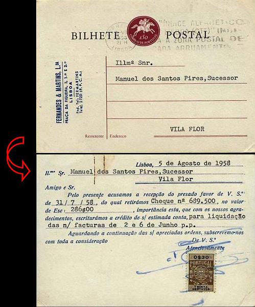 23Lis_0387.jpg -     Lote:    387            Portugal       Descrição:         1957 &mdash; Postilhão com taxa. OM138, $50 castanho-lilás escuro, circulado de Lisboa (05.08.1958) para Vila Flor. Inteiro repicado por Fernandes & Martins, Ldª. Tendo servido como recibo de quitação foi selado no verso com estampilha fiscal tipo Escudo Nacional de $30. B e R.        IC       Valor Base:     &euro; 10,00     Valor Venda:     &euro; 10,00     