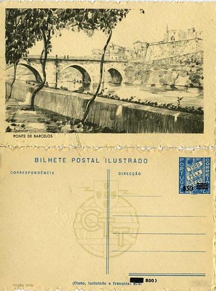 23Lis_0389.jpg -     Lote:    389            Portugal       Descrição:         1953 &mdash; Bilhetes postais ilustrados de 1937 a 1941, sobretaxados. Selo tipo Tudo pela Nação. OM125, $50 s/ $25 azul claro. Lote de 25 inteiros da 1.ª série não numerada, todos diferentes. Emitidos em média 2.380 de cada.        IN       Valor Base:     &euro; 20,00     Valor Venda:     &euro; 34,00     