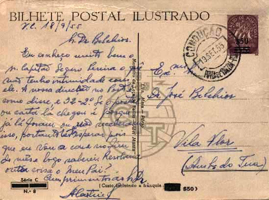 23Lis_0390.jpg -     Lote:    390            Portugal       Descrição:         1953 &mdash; Caravela. Bilhetes postais ilustrados no verso. Série C. OM128 (8 &mdash; Mosteiro de Leça do Bailio), $50 s/ $30 castanho, circulado pela Condução Póvoa de Varzim &mdash; Porto (19.09.55) para Vila Flor.        IC       Valor Base:     &euro; 6,00     Valor Venda:     &euro; 6,00     