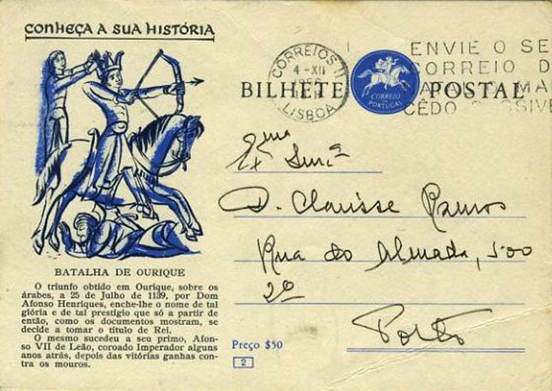 23Lis_0398.jpg -     Lote:    398            Portugal       Descrição:         1956 &mdash; "Conheça a sua História". Postilhão, sem taxa. OM135 ($50) gravura a azul e preto. 1.ª série de 1 a 20, com falta dos n.ºs 1, 3, 5 e 20.        IC       Valor Base:     &euro; 30,00     Valor Venda:     &euro; 32,00     