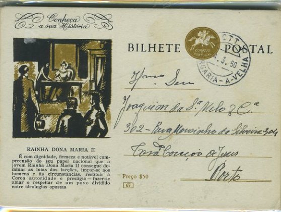 23Lis_0400.jpg -     Lote:    400            Portugal       Descrição:         1959 &mdash; "Conheça a sua História". Postilhão, sem taxa. OM135 ($50) gravura a amarelo-castanho e preto. 4.ª série dos n.ºs 67 a 86 com falta dos n.ºs 75.        IC       Valor Base:     &euro; 75,00     Valor Venda:     Retirado     