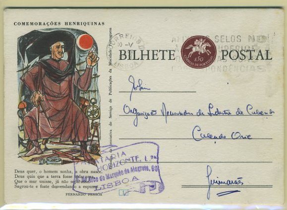 23Lis_0401.jpg -     Lote:    401            Portugal       Descrição:         1960 &mdash; 5.º Centenário da Morte do Infante D. Henrique. Postilhão com taxa. OM146, $50, castanho-lilás escuro. Série completa de 4 inteiros. B e R        IC       Valor Base:     &euro; 30,00     Valor Venda:     Retirado     
