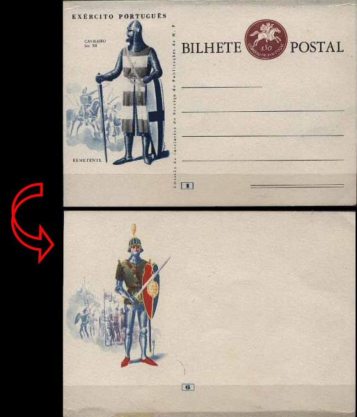 23Lis_0403.jpg -     Lote:    403            Portugal       Descrição:         1964 &mdash; Selo tipo Postilhão. Série Fardamentos do Exército Português. OM158, $50 castanho-lilás escuro. N.º 1 &mdash; Cavaleiro / Séc. XII. Inteiro postal novo com impressão no verso da gravura do inteiro n.º 6 &mdash; Guerreiro de Arzila / Séc. XV. MB e MR.        IN       Valor Base:     &euro; 75,00     Valor Venda:     Retirado     