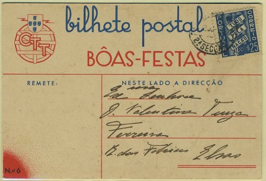 23Lis_0405.jpg -     Lote:    405            Portugal       Descrição:         1936 &mdash; Boas Festas. Tudo pela Nação. Impressos na Litografia Nacional sem selo. OM I "Custo incluindo a franquia $50", n.º 6 &mdash; Reis Magos, com selo Tudo pela Nação de $25 azul, circulado de Lisboa (??.12.36) para Elvas. Raro.        IC       Valor Base:     &euro; 12,00     Valor Venda:     &euro; 14,00     