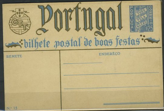 23Lis_0407.jpg -     Lote:    407            Portugal       Descrição:         1938 &mdash; Boas-Festas. Selo tipo Tudo pela Nação. OM88 (15) $25 azul claro. Novo.        IN       Valor Base:     &euro; 5,00     Valor Venda:     &euro; 6,00     