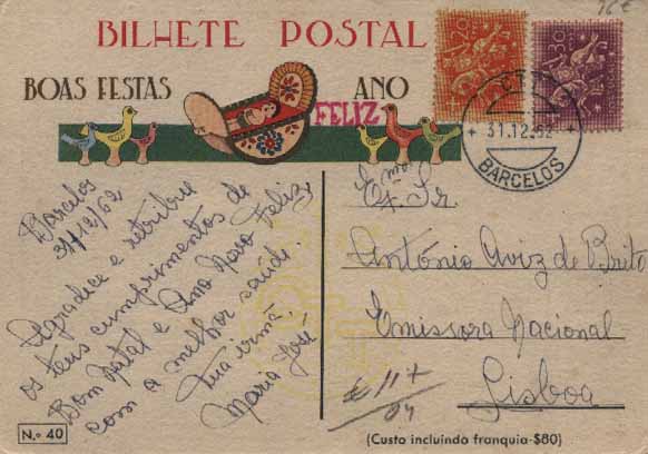 23Lis_0410.jpg -     Lote:    410            Portugal       Descrição:         1942 &mdash; Boas Festas. Selo tipo Tudo pela Nação. OM (40 &mdash; O Presépio de Barros). Inteiro circulado de Barcelos (31.12.62) para Lisboa com selos adicionais de 20 e 30c. tipo Cavaleiro Medieval CE765 e 818.        IC       Valor Base:     &euro; 10,00     Valor Venda:     Retirado     