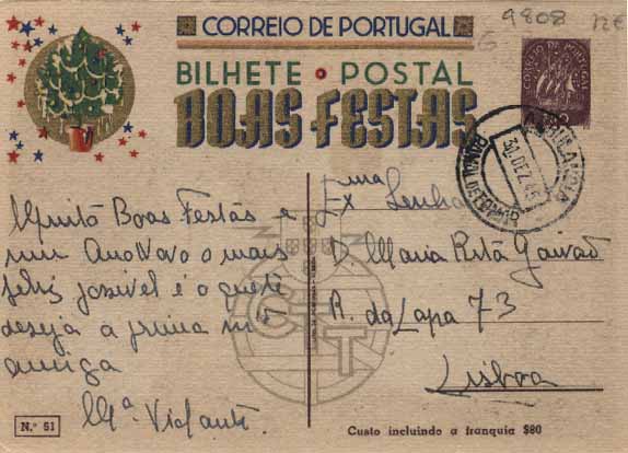 23Lis_0411.jpg -     Lote:    411            Portugal       Descrição:         1943 &mdash; Boas Festas. Selo tipo Caravela. OM102 (61 &mdash; Prendas de Natal na chaminé). $30 castanho. Circulado pela Ambulância Ramal de Tomar (31.12.45) para Lisboa. MB.        IC       Valor Base:     &euro; 12,00     Valor Venda:     &euro; 16,00     