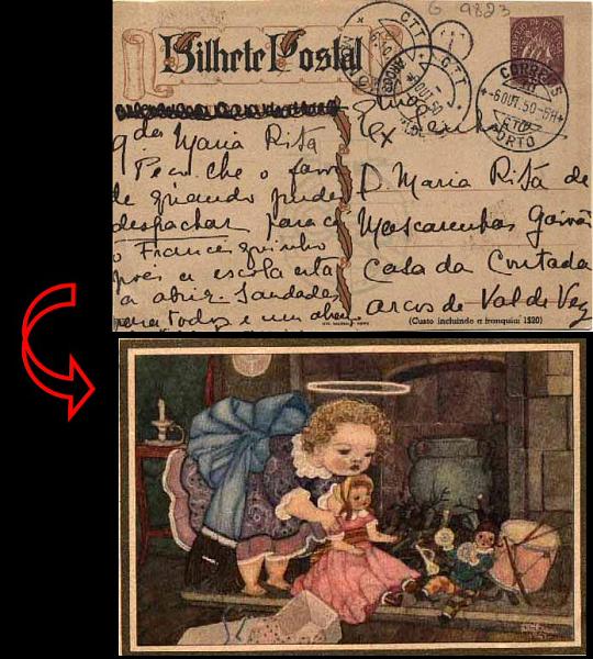 23Lis_0413.jpg -     Lote:    413            Portugal       Descrição:         1947 &mdash; Boas Festas. Selo tipo Caravela.OM109 (130 &mdash; Lareira com brinquedos) $30 castanho. Circulado do Porto (06.10.50) para Arcos de Valdevez (06.10.50) com trânsito por Monção (06.10.50).        IC       Valor Base:     &euro; 5,00     Valor Venda:     &euro; 5,00     
