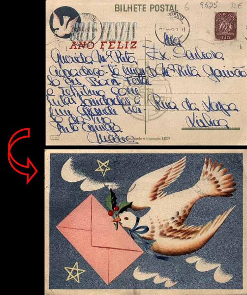 23Lis_0414.jpg -     Lote:    414            Portugal       Descrição:         1947 &mdash; Boas Festas. Selo tipo Caravela. OM109 (142 &mdash; Pomba com carta no bico). $30 castanho. Circulado em Lisboa (25.12.47).        IC       Valor Base:     &euro; 10,00     Valor Venda:     Retirado     