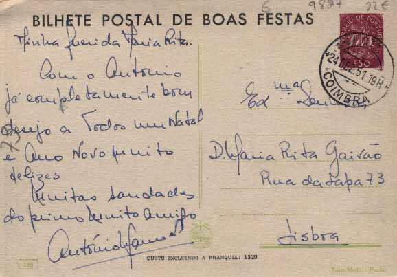 23Lis_0415.jpg -     Lote:    415            Portugal       Descrição:         1950 &mdash; Boas Festas. Selo tipo Caravela. OM120 (149 &mdash; Adoração dos Reis Magos). $50 lilás-rosa escuro. Circulado de Coimbra (24.12.51) para Lisboa.        IC       Valor Base:     &euro; 10,00     Valor Venda:     &euro; 10,00     
